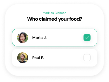 A Mark as Claimed prompt asking who claimed your food, with Maria J. selected and Paul F. unselected.