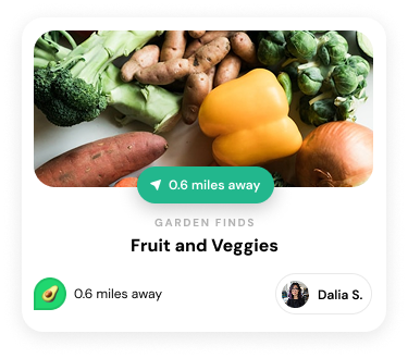 A listing card for Fruit and Veggies under Garden Finds, 0.6 miles away, shared by Dalia S.