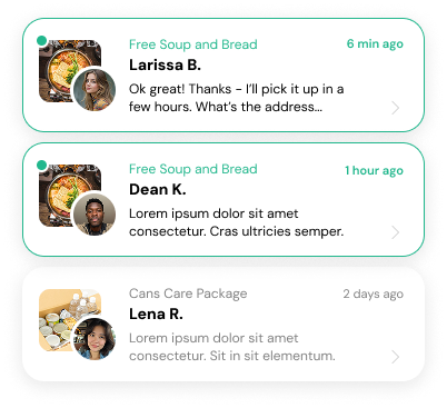 Three message threads: Larissa B. and Dean K. about Free Soup and Bread, and Lena R. about a Cans Care Package.